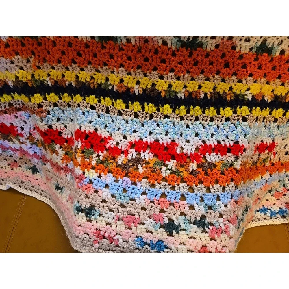Vtg Crochet Blanket Throw Handmade Granny Stripe Multicolor Boho 56x47 Afghan